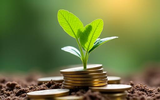 Green leaf growing from coins
