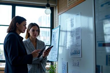 Professionals analyzing data on a board
